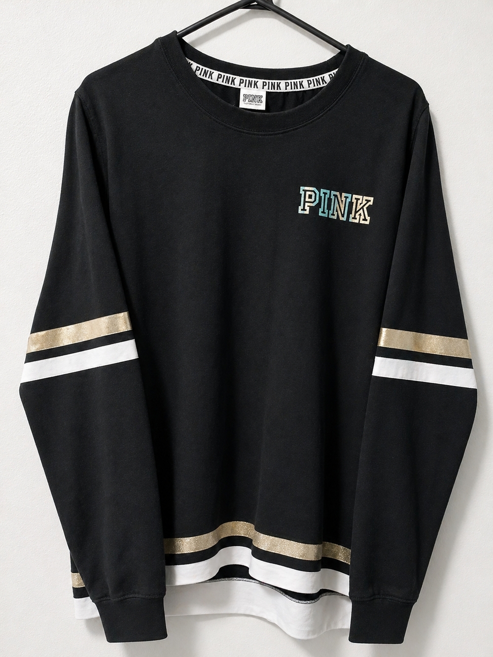 NWOT PINK Black Sweatshirt with Gold & White Stripe Accents
